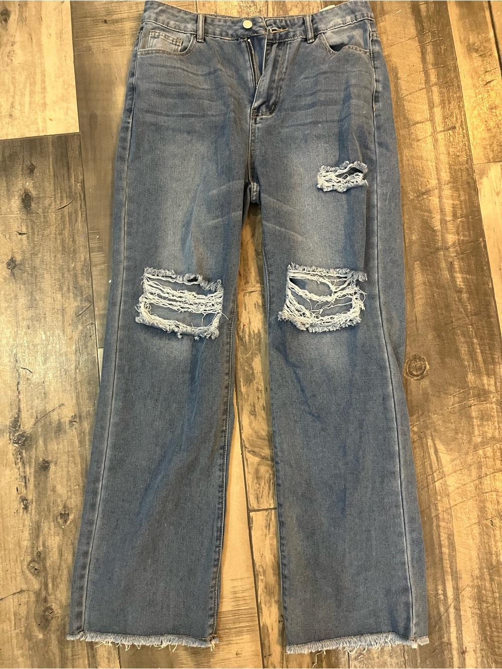 SHEIN Women’s Distressed Wide Leg Jeans Size Large Light Wash Raw Hem Denim